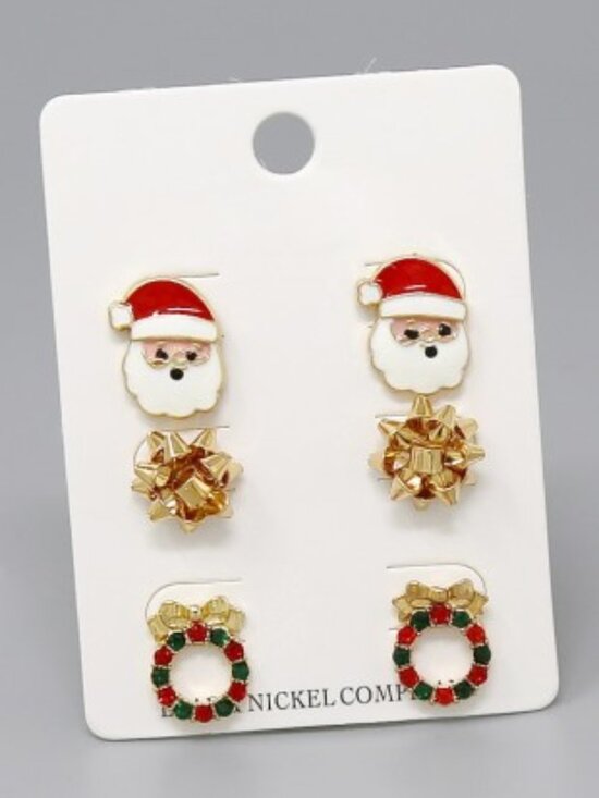 Wildflowers Jewelry - Wildflower Christmas Stud Earrings Set (3 Pairs) Santa Wreath Holiday Cute